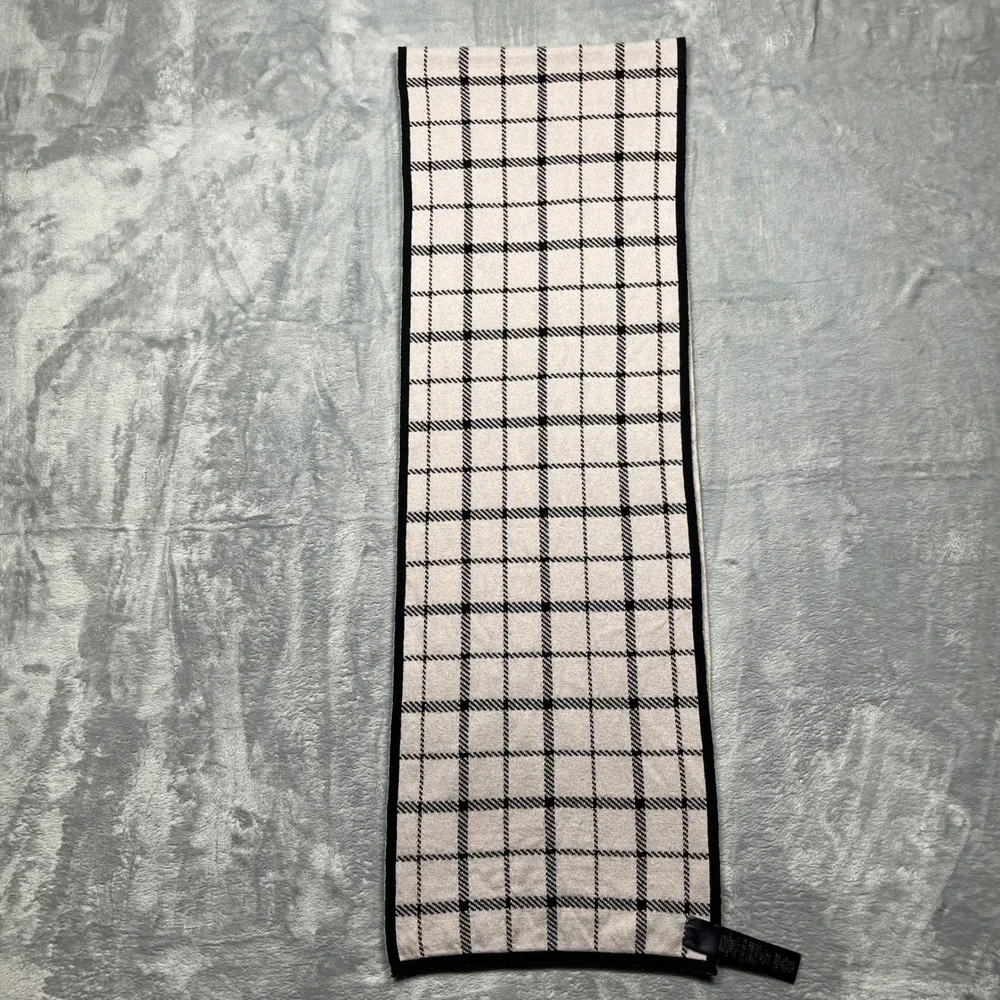 Coach‎ Scarf Black Ivory Reversible Plaid Wool Cotton Knit Leather Logo
